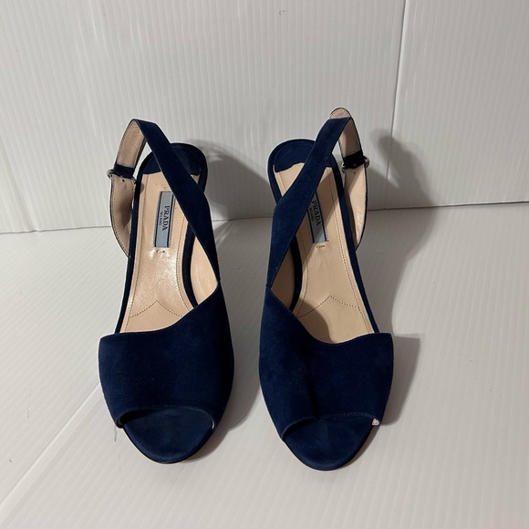 PRADA suede navy d’Orsay open toe sling back heel size 38 1/2 EU - Picture 3 of 11